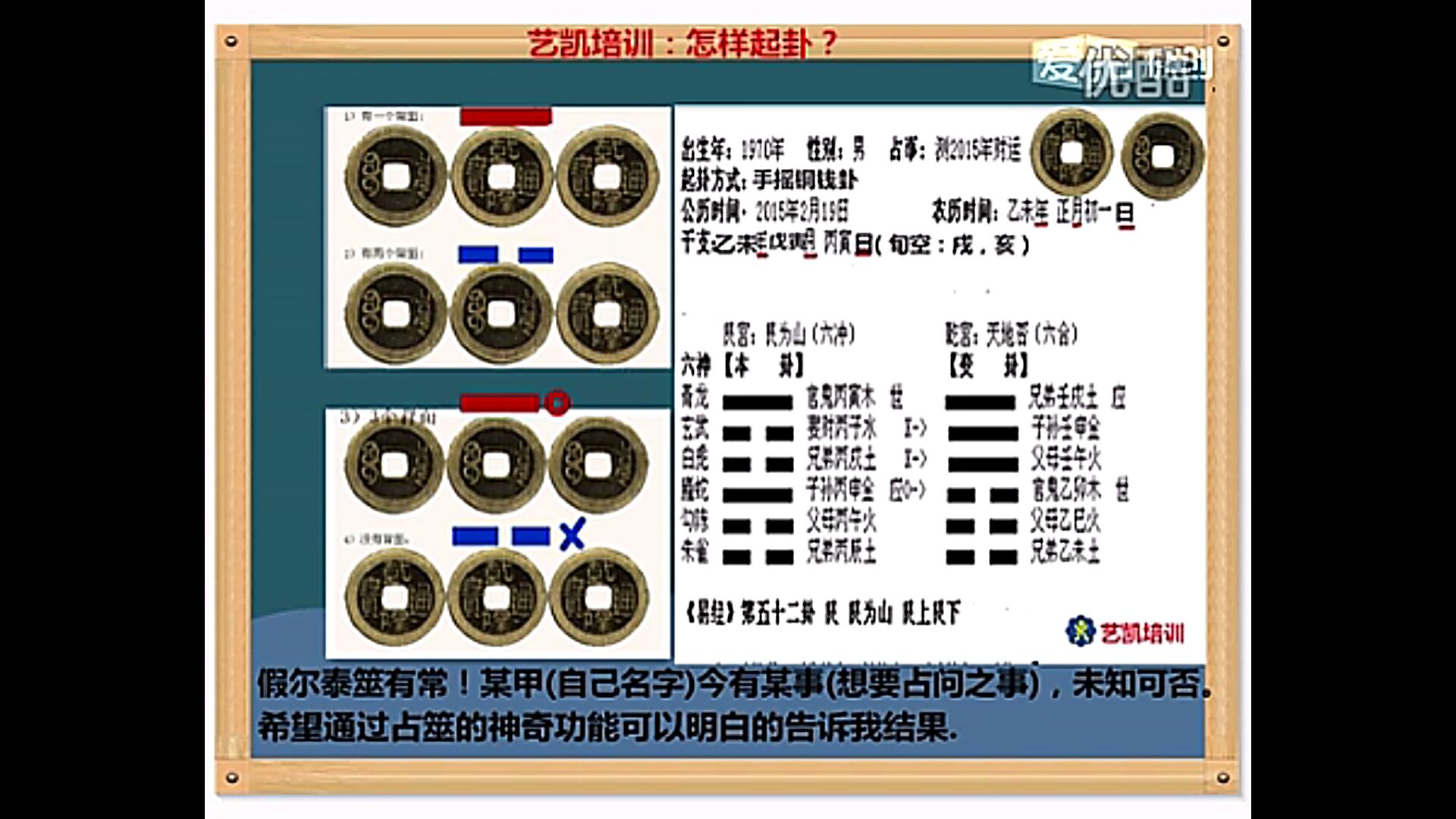 
一下如何自己起卦，排盘及简单断卦的断卦过程！
